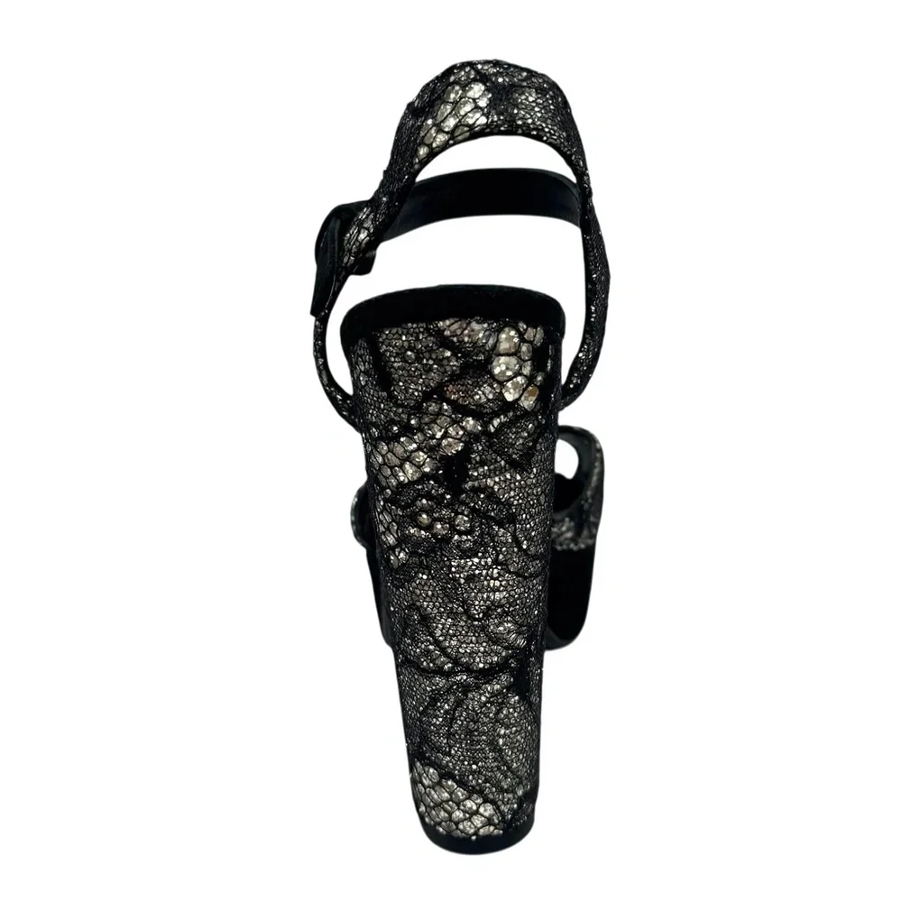 KURT GEIGER BLACK LACE OVER SILVER GLITTER PLATFORM HEELED SANDALS